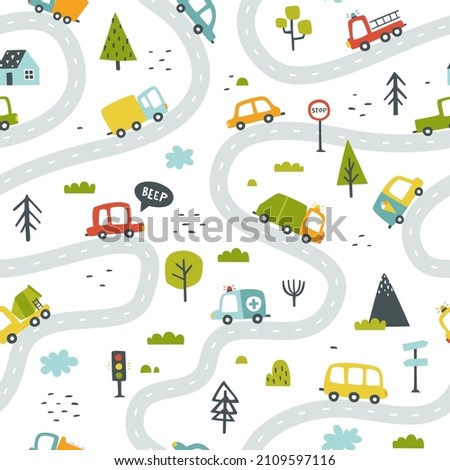 Road map with cars doodle pattern. Highway traffic abstract print for textile, apparel, fabric, carpet, nursery.