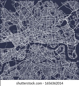Road Map Of Central London, England, UK  With The River Thames, City Of London, Trafalgar Square, London Bridge, Hyde Park, Regent's Park, Isle Of Dogs, Hampstead Heath, Elephant And Castle, Islington