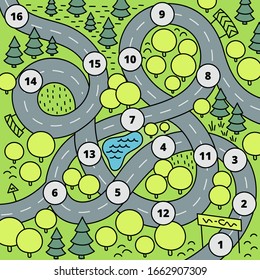 Road map for a children game on the table. Board game. Wallpaper for childrens room. Kids background. Gaming childish car. Cartoon vector.