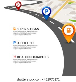 Road map city infographic with colorful pins pointer. Road map template.