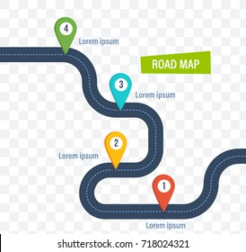 Road map with colorful bright marks markers and road, with a paved route. Roadmap template design on transparent background. Vector illustration isolated.