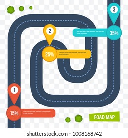 Road map with colorful marks markers, with paved asphalt route, dotted line for cars. Moving cars on road, top view. Roadmap template design on transparent background. Vector illustration.
