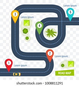 Road map with colorful marks markers, with paved asphalt route, dotted line for cars. Moving cars on road, top view. Roadmap template design on transparent background. Vector illustration.