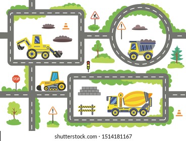 Road map with construction trucks. Children board game. Wallpaper or carpet for childrens room. Kids wall decal construction trucks. Background for gaming childish car. Vector illustration.