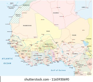 Road map of the countries of West Africa with their capitals