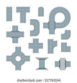 Road Map Design Element Set. Top View Position. Highway Parts. Vector illustration of gray elements icons. Top view for isometric plan Toolkit.  Asphalt cartoon cross