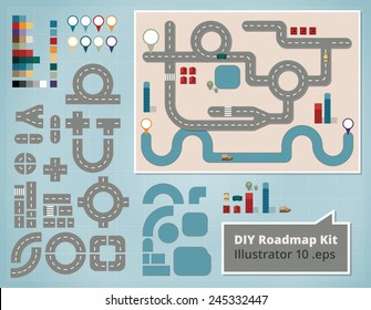 Road Map Design Elements, Set of Illustrations. Create your own map using these comic style design elements for a traffic road map with cars, houses, river, boat and orientation signs.