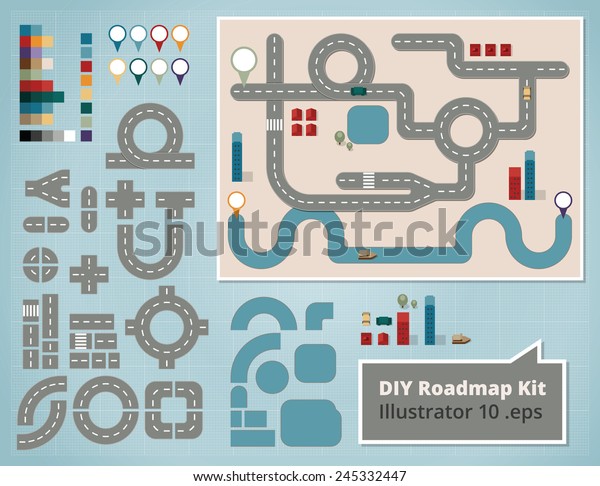 Road Map\
Design Elements, Set of Illustrations. Create your own map using\
these comic style design elements for a traffic road map with cars,\
houses, river, boat and orientation\
signs.