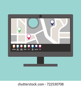 road map direction in desktop with colorful pin pointer. vector illustration