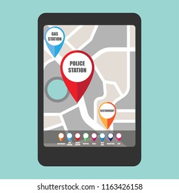 road map direction in mobile phone with colorful pin pointer. vector illustration