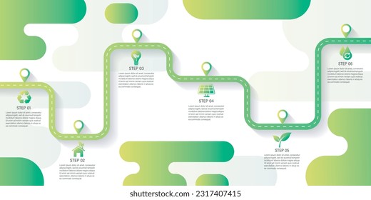 Plantilla de infografía de ecología de mapa de ruta. el concepto de ahorro de energía y medio ambiente. se puede usar para procesos, presentaciones, diseño, banner, infografía. ilustración vectorial en diseño moderno de estilo plano.