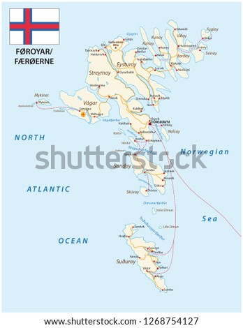 Road map of the Faroe Islands North Atlantic Archipelago with flag, Denmark