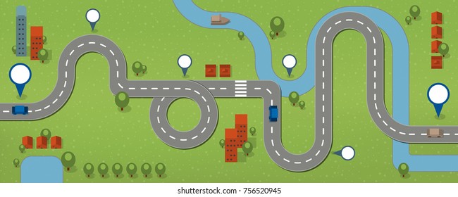 Road Map, Flat Design Vector Illustration, with landscape, houses and traffic on the street