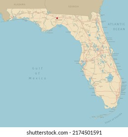 Hoja de ruta de Florida, estado federal estadounidense. Mapa editable de transporte muy detallado de Floridian con autopistas y carreteras interestatales, ríos y ciudades ilustraciones vectoriales realistas