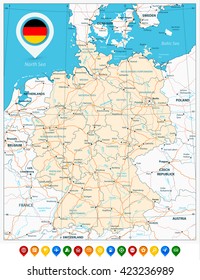 Road map of Germany and colored map pointers. Vector illustration.