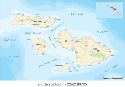 Road map of the Hawaiian Islands of Maui, Molokai, Lanai and Kahoolawe