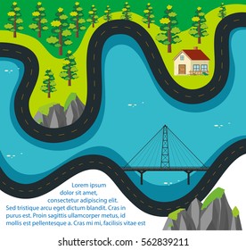Road map with house and forest illustration