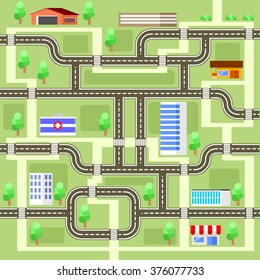 Road map with houses, clinics and shops