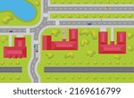 Road map with houses, lake, tree and train road