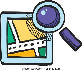 Road map icon with loupe  in color drawing.