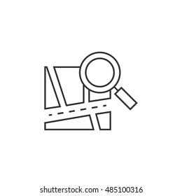Road map icon with loupe in thin outline style.