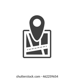 Road map icon with pin location in single grey color.