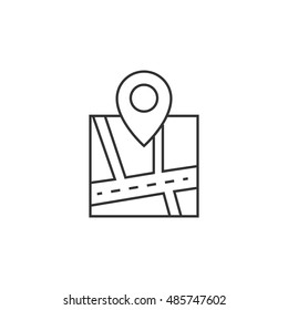 Road map icon with pin location in thin outline style.
