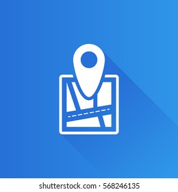 Road map icon with pin location in Metro user interface color style.