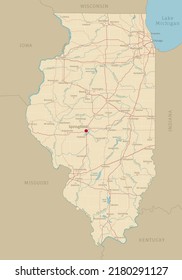 Road Map Of Illinois, US American Federal State. Editable Highly Detailed Illinois Transportation Map With Highways And Interstate Roads, Rivers And Cities Realistic Vector Illustration