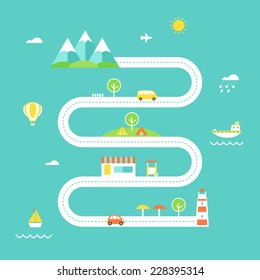 Road Map Illustration. Travel and Recreation Concept. Flat Design