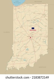 Road map of Indiana, US American federal state. Editable highly detailed transportation map with highways and interstate roads, rivers and cities realistic vector illustration