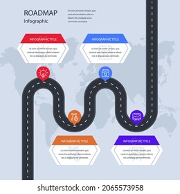 Road map infographic. Creative plan design concept. Pathway, highway, roadmap, timeline process step presentation chart. Business strategy diagram, scheme, structure template. Vector illustration.