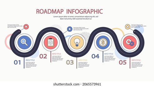 Road map infographic. Creative plan design concept. Pathway, highway, roadmap, timeline process step presentation chart. Business strategy diagram, scheme, structure template. Vector illustration.