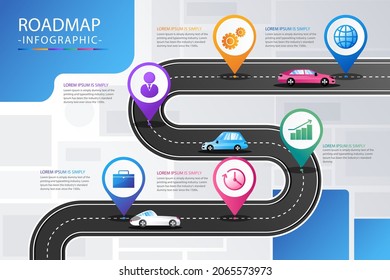Road map infographic. Creative plan design concept. Pathway, highway, roadmap, timeline process step presentation chart. Business strategy diagram, scheme, structure template. Vector illustration.