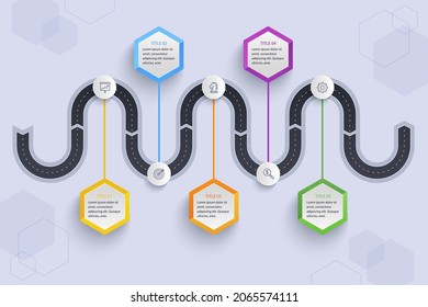 Road map infographic. Creative plan design concept. Pathway, highway, roadmap, timeline process step presentation chart. Business strategy diagram, scheme, structure template. Vector illustration.