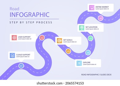 Road map infographic. Creative plan design concept. Pathway, highway, roadmap, timeline process step presentation chart. Business strategy diagram, scheme, structure template. Vector illustration.