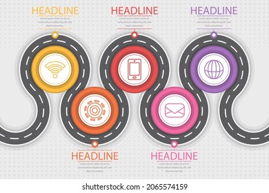 Road map infographic. Creative plan design concept. Pathway, highway, roadmap, timeline process step presentation chart. Business strategy diagram, scheme, structure template. Vector illustration.