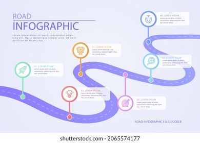 Road map infographic. Creative plan design concept. Pathway, highway, roadmap, timeline process step presentation chart. Business strategy diagram, scheme, structure template. Vector illustration.