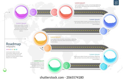 Road map infographic. Creative plan design concept. Pathway, highway, roadmap, timeline process step presentation chart. Business strategy diagram, scheme, structure template. Vector illustration.