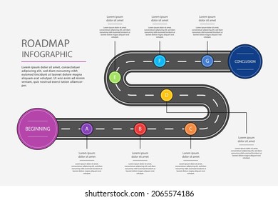 Infografía de la hoja de ruta. Concepto de diseño de plan creativo. Trayectoria, autopista, hoja de ruta, tabla de presentación de pasos del proceso de cronología. Diagrama de estrategia comercial, esquema, plantilla de estructura. Ilustración vectorial.