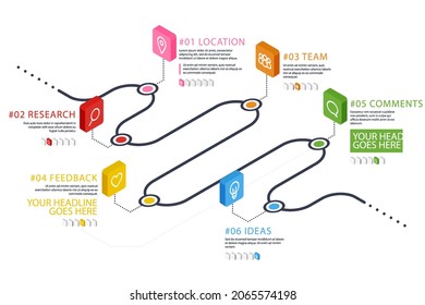 Road Map Infographic. Creative Plan Design Concept. Pathway, Highway, Roadmap, Timeline Process Step Presentation Chart. Business Strategy Diagram, Scheme, Structure Template. Vector Illustration.