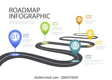 Road map infographic. Creative plan design concept. Pathway, highway, roadmap, timeline process step presentation chart. Business strategy diagram, scheme, structure template. Vector illustration.