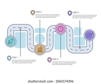 Road map infographic. Creative plan design concept. Pathway, highway, roadmap, timeline process step presentation chart. Business strategy diagram, scheme, structure template. Vector illustration.