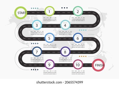Road map infographic. Creative plan design concept. Pathway, highway, roadmap, timeline process step presentation chart. Business strategy diagram, scheme, structure template. Vector illustration.