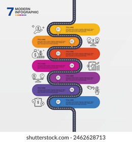 Road map infographic design element with 7 steps and business icons. Timeline infographic icons designed for abstract background template