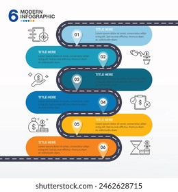 Road map infographic design element with 6 steps. Timeline infographic designed for use presentaion.