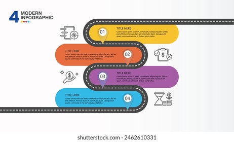 Road map infographic elements and space for data. Concept of 4 successive steps of company process.