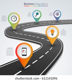 Road map infographic template with 5 colorful pin pointers on the way.