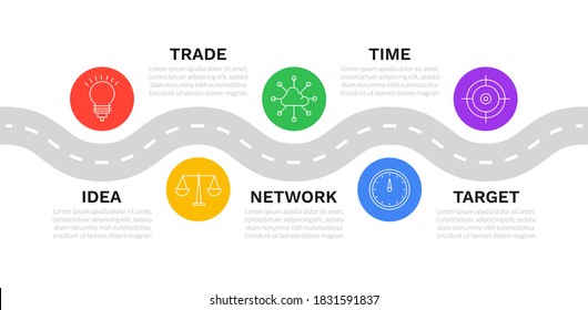 Road map infographics design with five steps and icons. Chart process template. Modern vector for company or corporate business project and presentation. 