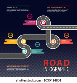 Road map infographics with round charts and section or parts timings. Top view on car asphalt highway with dotted line, traffic map with percentage background. Travel and trip,transport and path theme